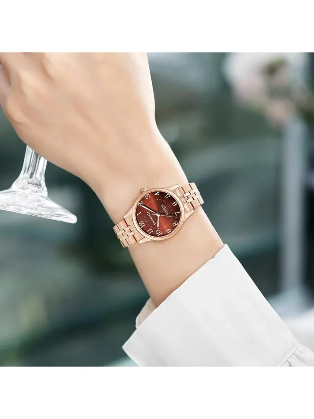 Women's Rose Gold Brown Solid Stainless Steel Band Easy to Read Dial Wrist Watch